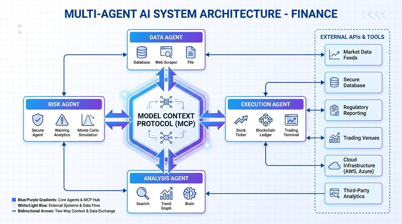 Diagram showing multi-agent AI architecture with specialized agents coordinating through Model Context Protocol