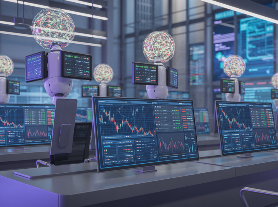 Autonomous AI agents analyzing financial data in a futuristic trading environment with holographic displays