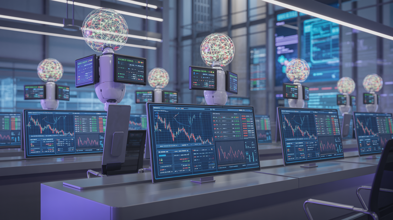 Autonomous AI agents analyzing financial data in a futuristic trading environment with holographic displays