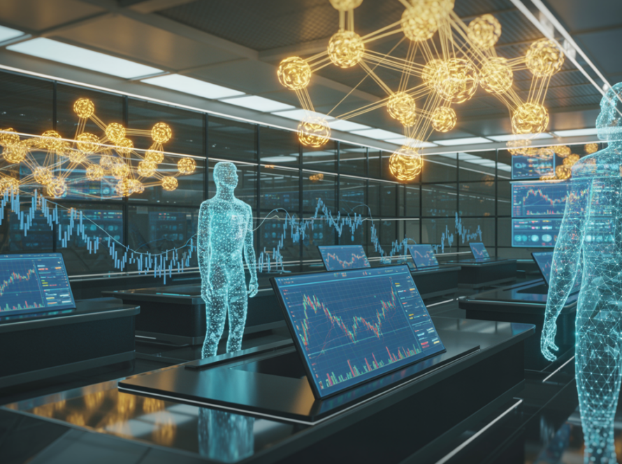 Futuristic financial trading floor with holographic AI agents, blockchain network visualizations, and autonomous trading systems in blue, gold, and cyan colors