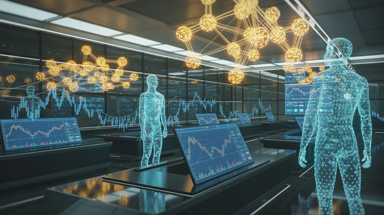 Futuristic financial trading floor with holographic AI agents, blockchain network visualizations, and autonomous trading systems in blue, gold, and cyan colors