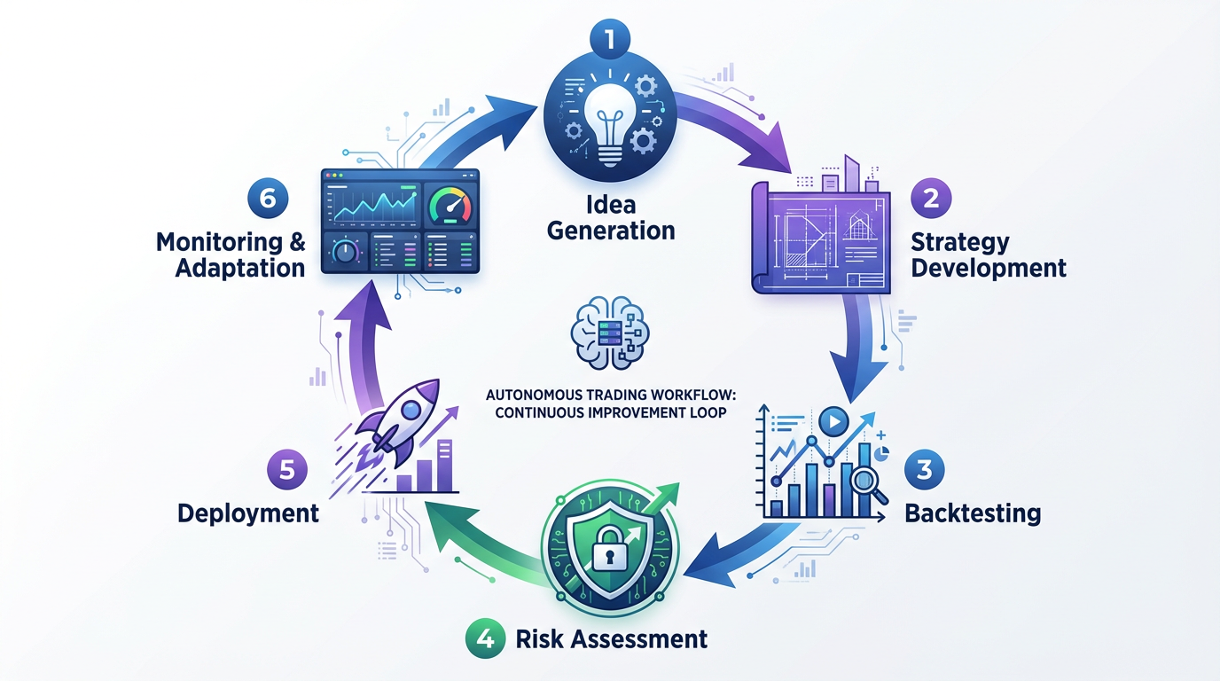 Infographic showing the six-step autonomous trading workflow powered by agentic AI
