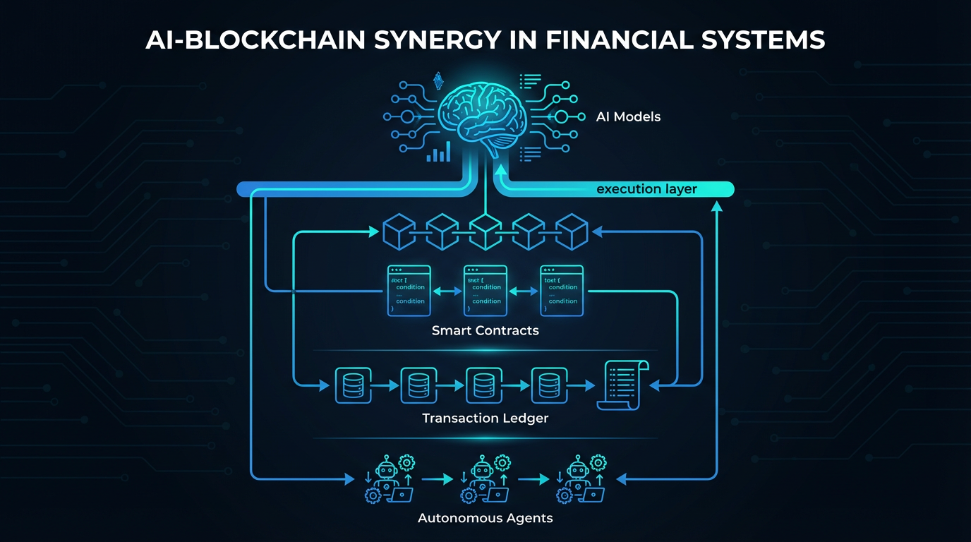 Diagram showing AI as the decision-making brain layer connected to blockchain as the execution nervous system layer in autonomous financial systems