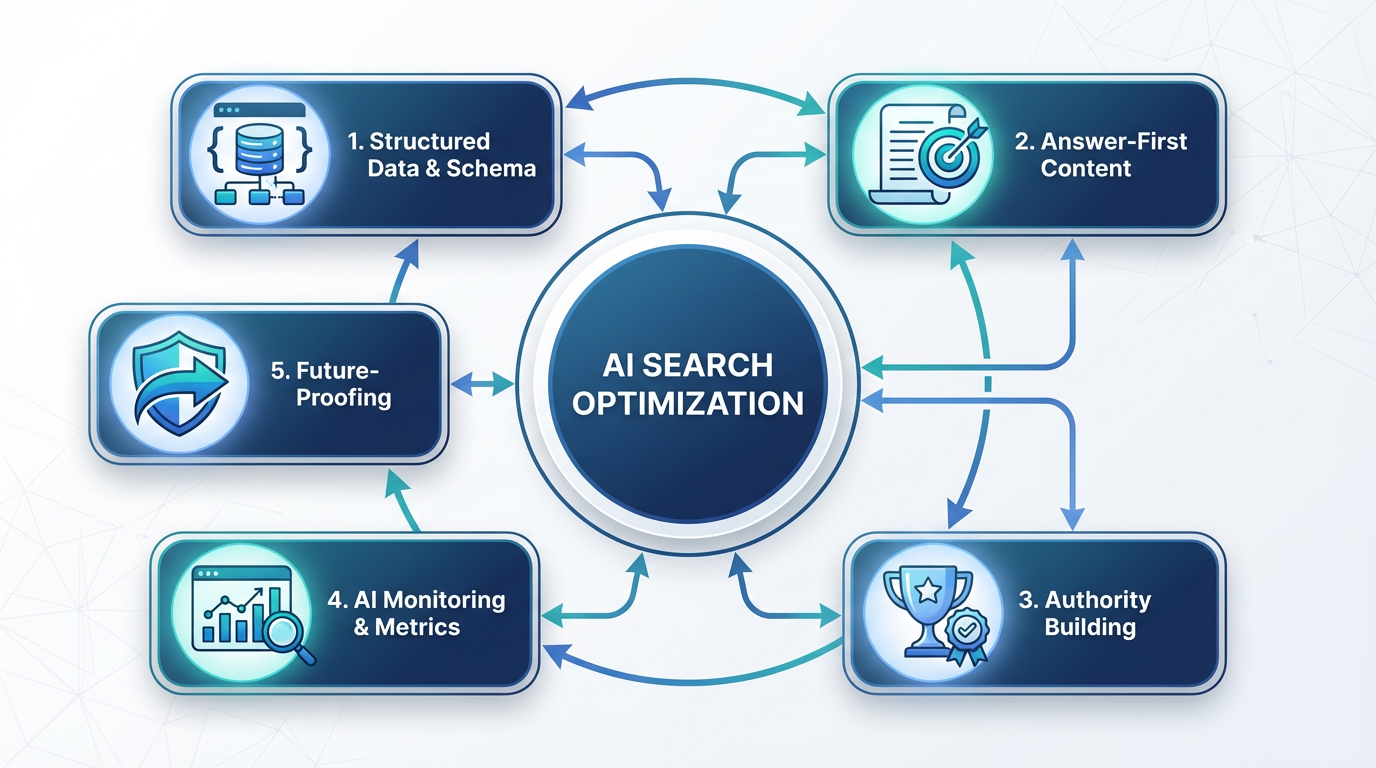 Business infographic showing 5 interconnected AI search optimization strategies: Structured Data, Answer-First Content, Authority Building, AI Monitoring, and Future-Proofing