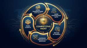 Data flywheel diagram showing how transaction data creates compounding competitive advantages in AI-powered finance
