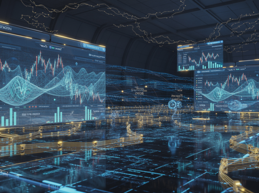 Futuristic visualization of decentralized derivatives trading with blockchain networks and financial data streams