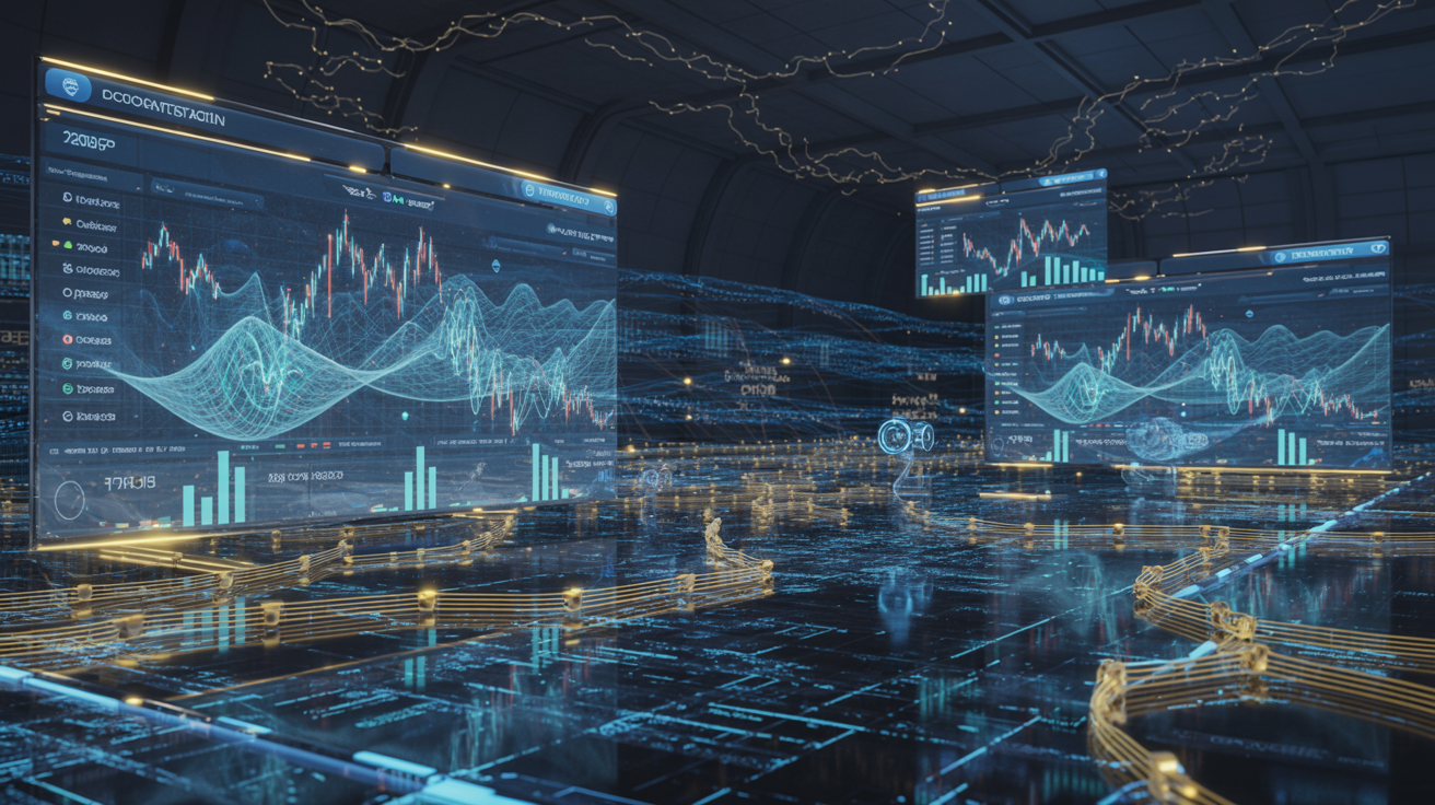 Futuristic visualization of decentralized derivatives trading with blockchain networks and financial data streams