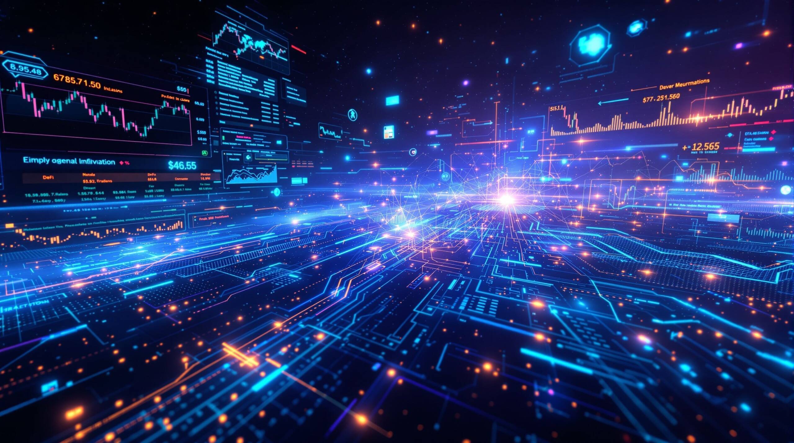 Futuristic visualization of AI-powered DeFi derivatives trading and convergence with traditional finance