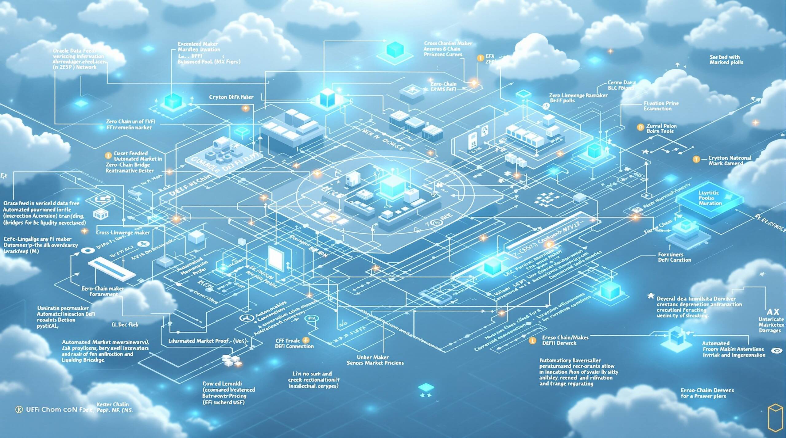 Visualization of DeFi derivatives technology infrastructure including oracles, cross-chain bridges, and automated market makers