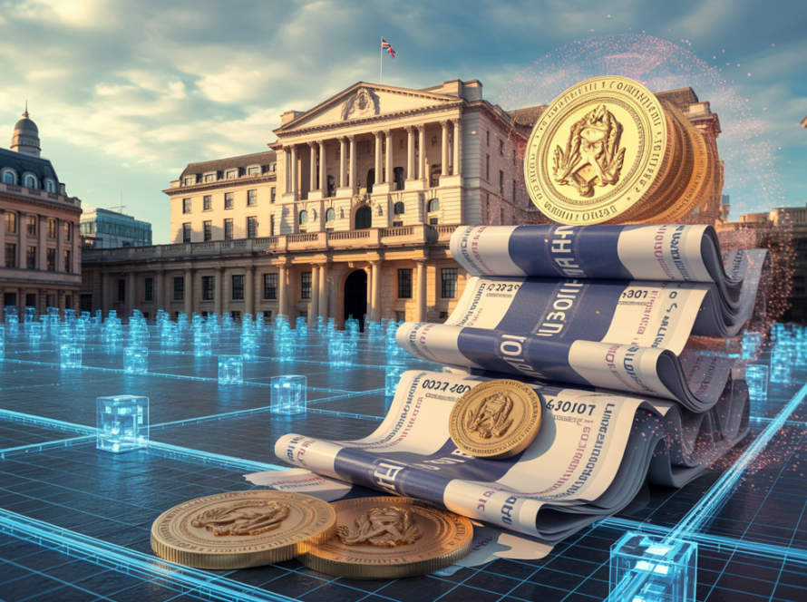 Photorealistic cinematic image of UK government buildings with holographic blockchain networks representing the fusion of traditional government bonds and digital tokenization technology