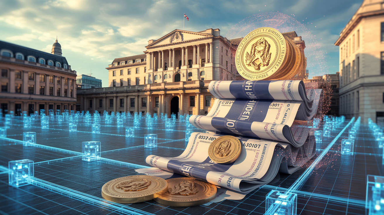 Photorealistic cinematic image of UK government buildings with holographic blockchain networks representing the fusion of traditional government bonds and digital tokenization technology