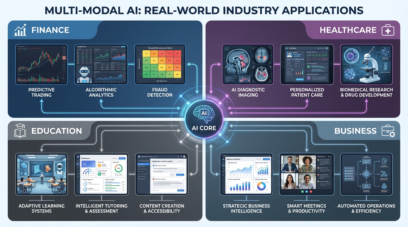 Multi-modal AI applications across finance, healthcare, education and business sectors