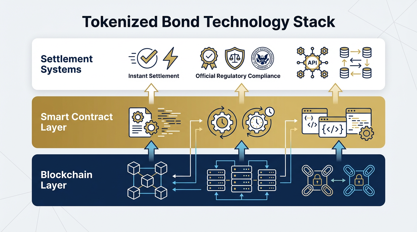 Technical architecture diagram showing three-layer technology stack for tokenized bonds including blockchain layer, smart contract layer, and settlement systems