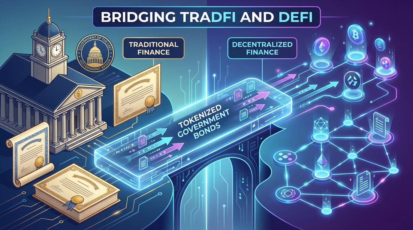 Conceptual visualization showing tokenized government bonds bridging traditional finance (TradFi) and decentralized finance (DeFi) ecosystems