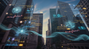 Futuristic Wall Street with AI infrastructure and holographic data streams representing the agentic AI arms race