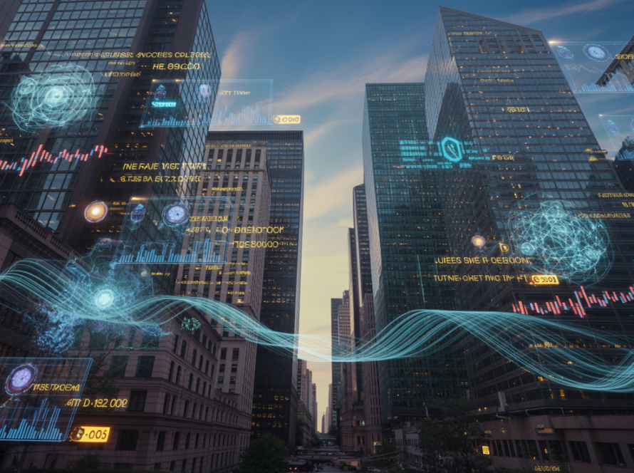 Futuristic Wall Street with AI infrastructure and holographic data streams representing the agentic AI arms race