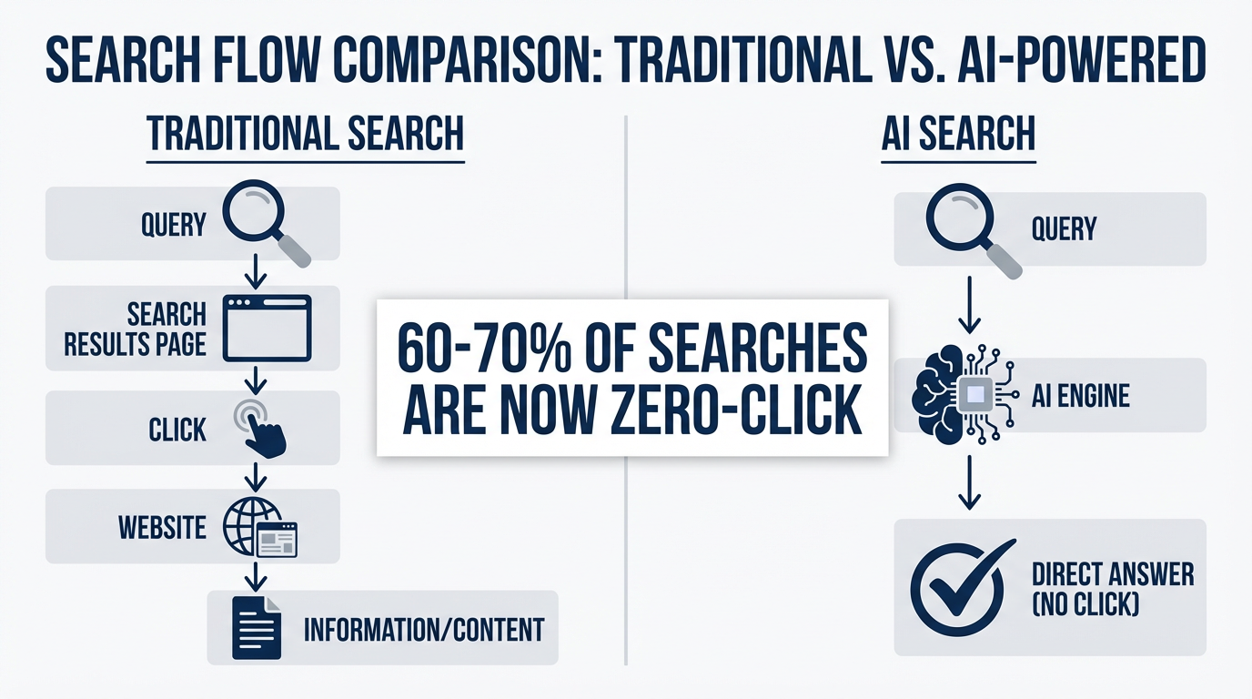 Infographic comparing traditional search flow versus AI search flow, showing 60-70% of searches are now zero-click