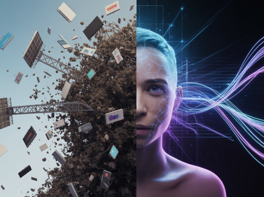 Split-screen visualization showing the evolution from traditional spray-and-pray advertising to AI-powered hyper-personalized marketing with intelligent targeting and data-driven precision