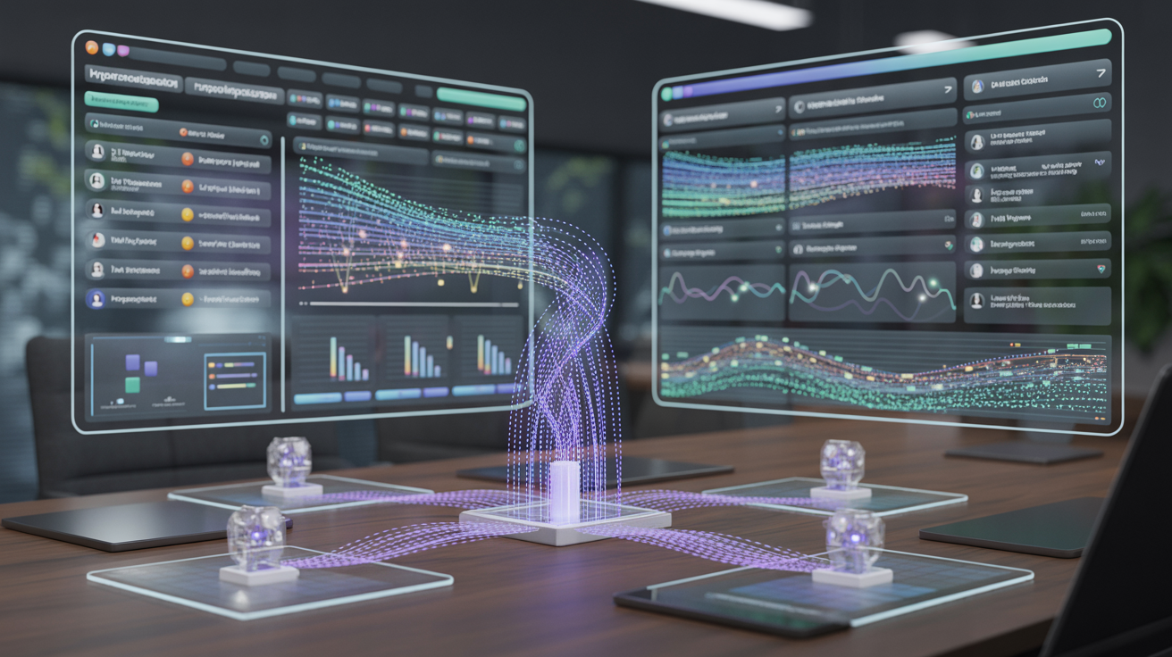 Advanced AI hyper-personalization system with holographic displays analyzing real-time customer data streams, neural networks, and machine learning models powering modern martech stack