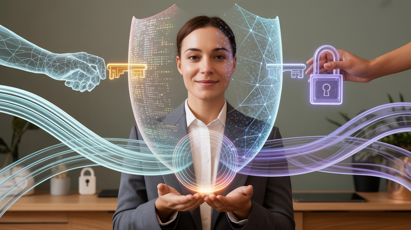 Human-centric privacy-first marketing visualization showing the balance between AI-powered personalization and data protection with transparent ethical pathways and user control