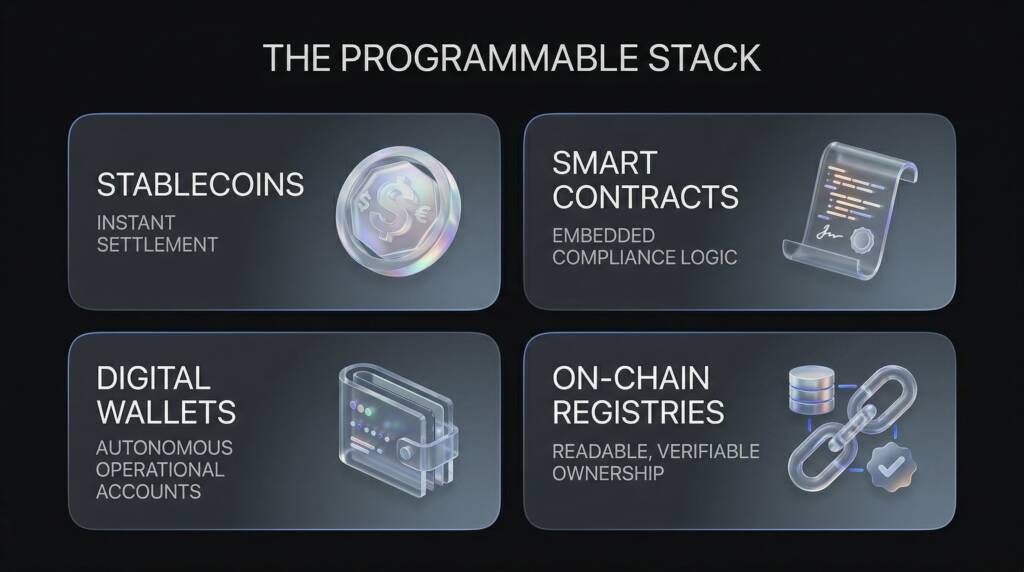 The Programmable Blockchain Infrastructure Stack. Digital Wallets, On-Chain Registries, Smart Contracts, and Stablecoins. 