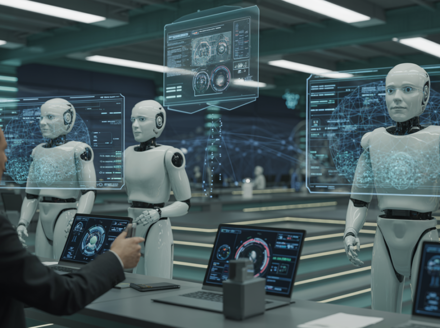 Autonomous AI agents coordinated through governance frameworks in a futuristic enterprise command center