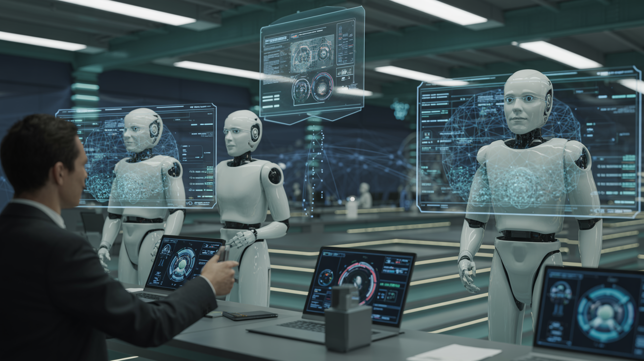 Autonomous AI agents coordinated through governance frameworks in a futuristic enterprise command center