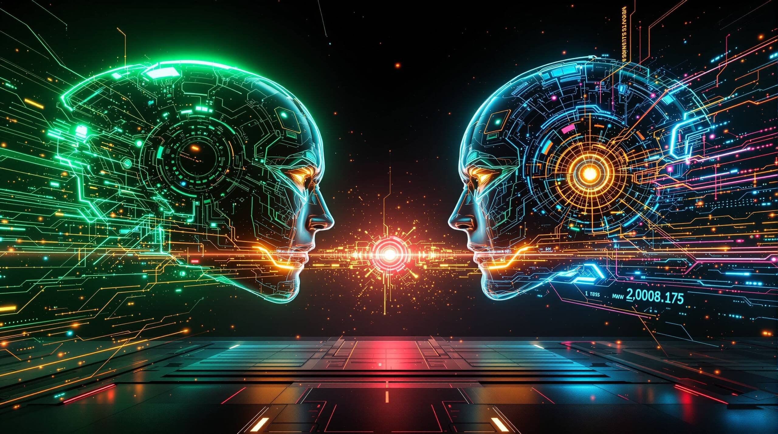 Futuristic visualization of AI arms race between OpenAI GPT-5.4 and Google Gemini 3.1 Flash-Lite