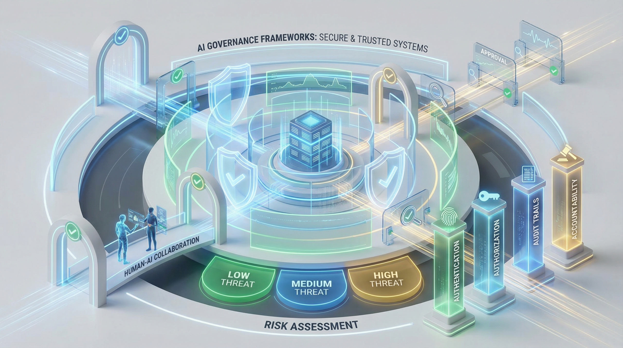 AI governance frameworks showing layers of security, oversight, and human accountability for autonomous agents