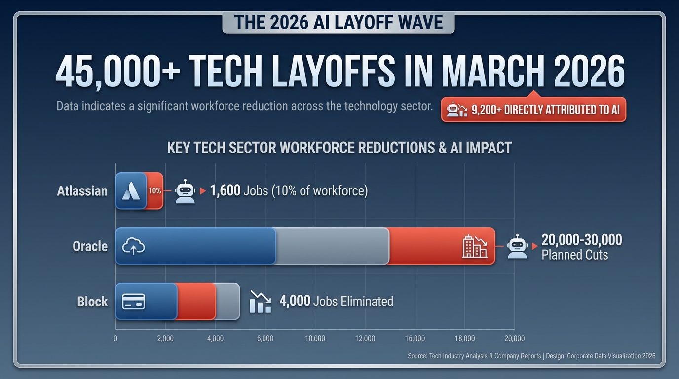 Infographic showing 2026 AI-driven layoff statistics from major tech companies including Atlassian, Oracle, and Block