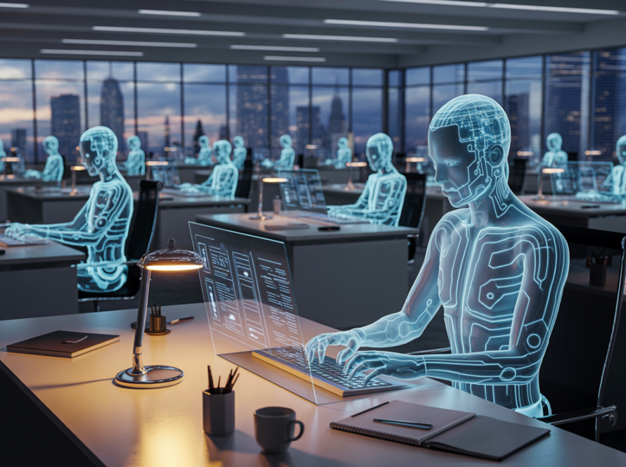 Futuristic office environment showing AI agents replacing human workers, symbolizing the 2026 AI-driven layoff wave