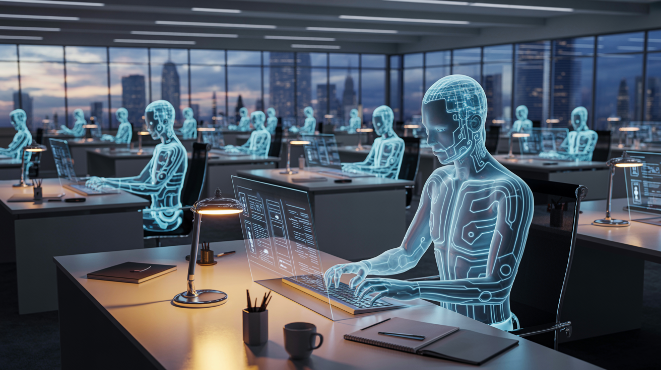 Futuristic office environment showing AI agents replacing human workers, symbolizing the 2026 AI-driven layoff wave