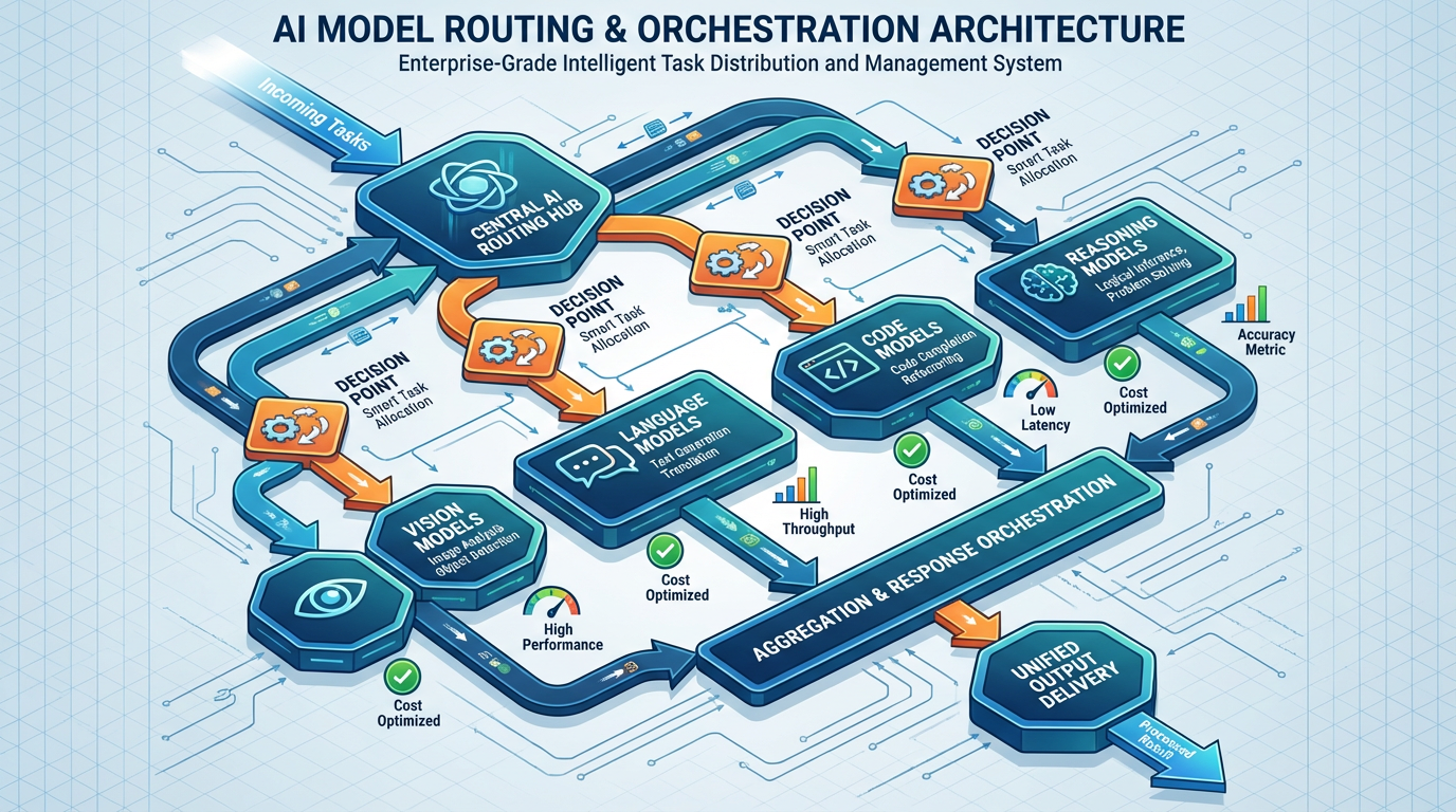 Diagram showing AI model routing and orchestration architecture for enterprise deployment