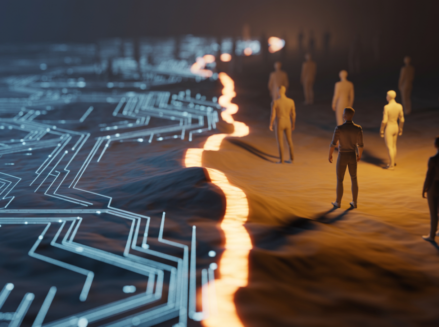 Abstract visualization of AI and warfare ethics showing a digital line in sand with circuit patterns and human silhouettes