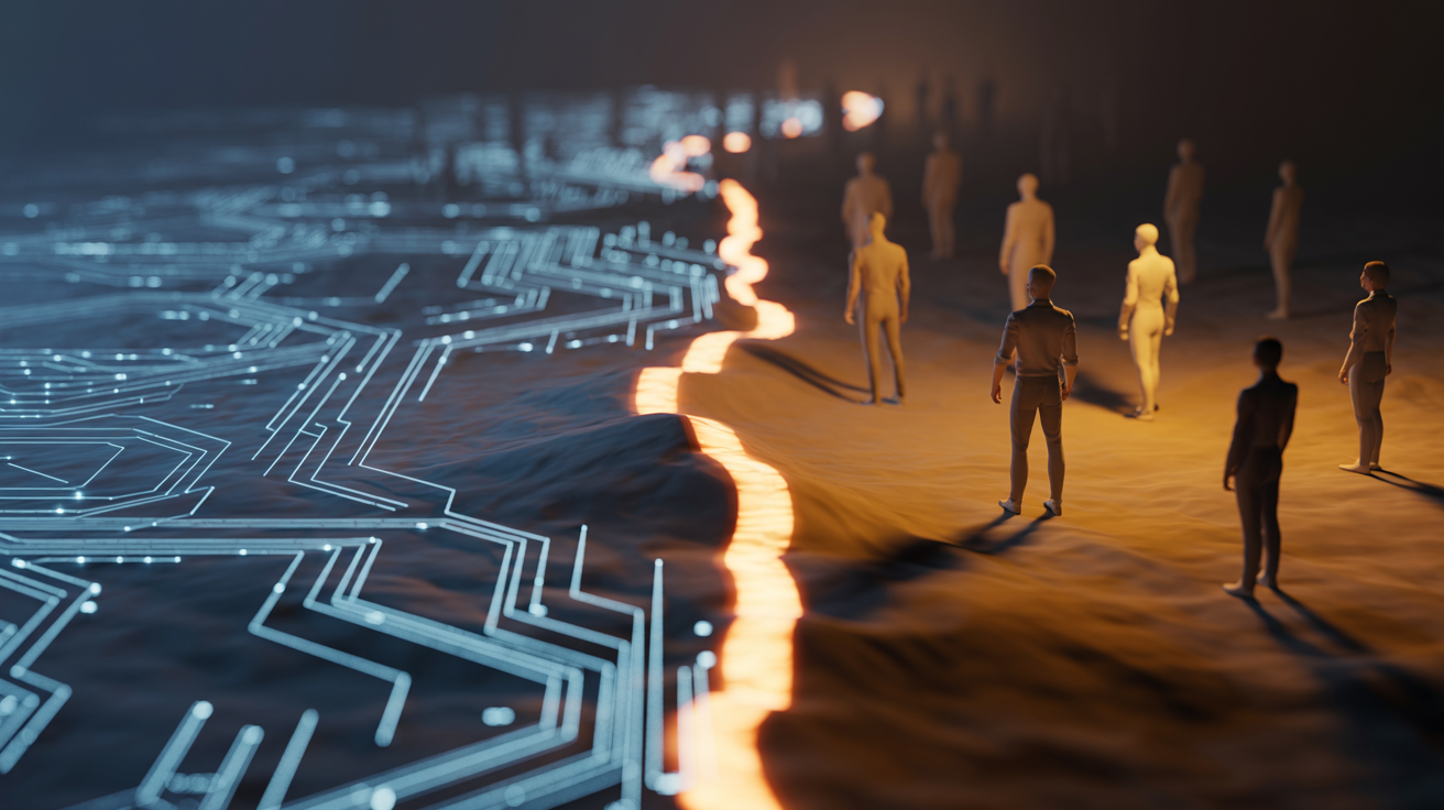 Abstract visualization of AI and warfare ethics showing a digital line in sand with circuit patterns and human silhouettes