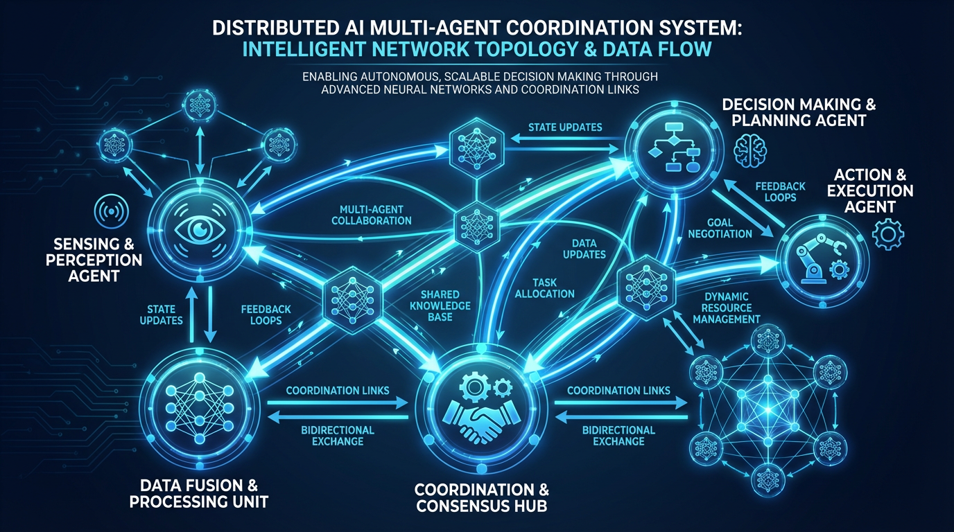 Diagram showing how autonomous AI agents coordinate in multi-agent systems