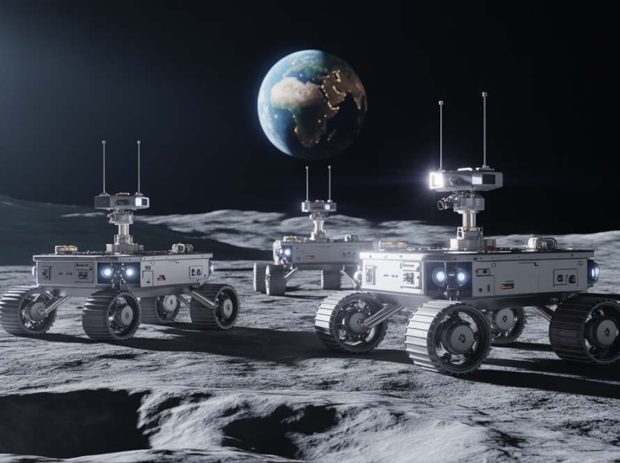 Autonomous AI rovers coordinating on the lunar surface with Earth in the background
