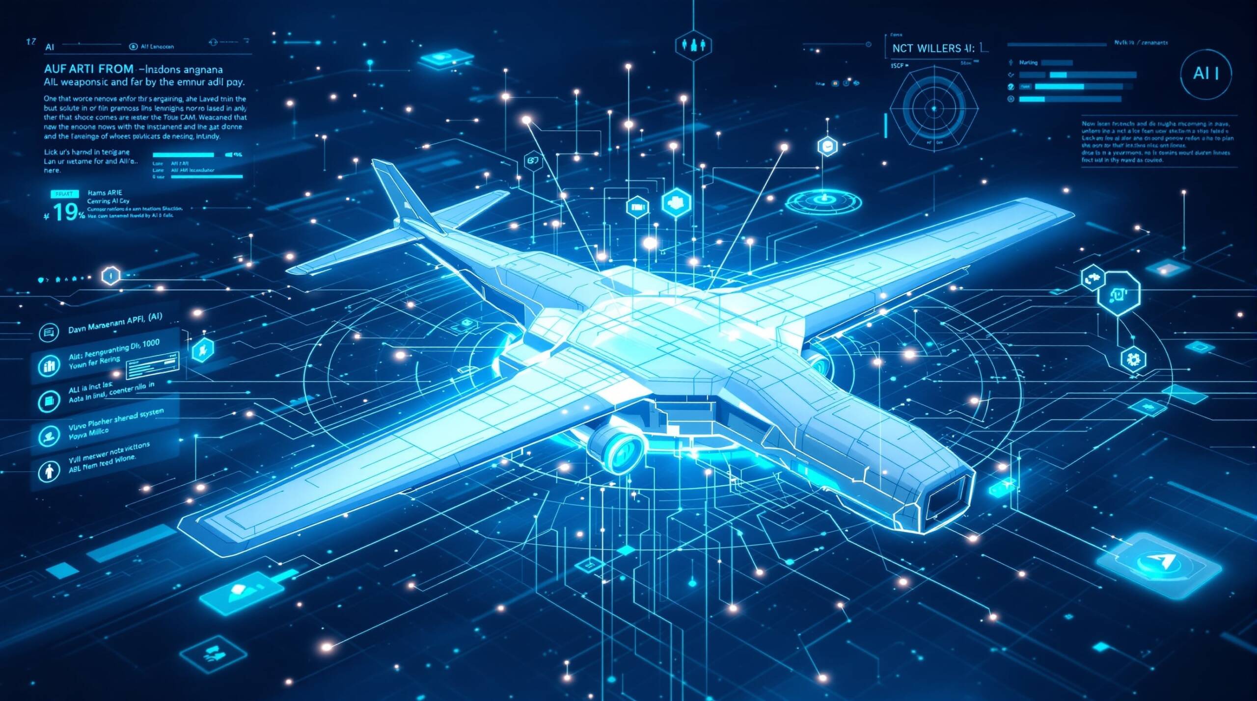 Conceptual illustration of autonomous weapons systems with AI neural networks and targeting overlays