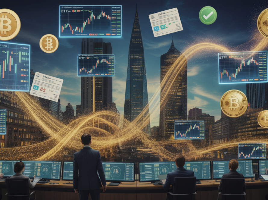 Institutional capital flowing into cryptocurrency with futuristic trading floor displaying Bitcoin ETF data and blockchain networks