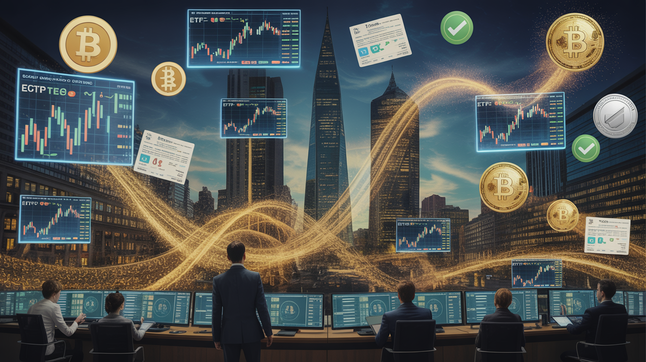 Institutional capital flowing into cryptocurrency with futuristic trading floor displaying Bitcoin ETF data and blockchain networks