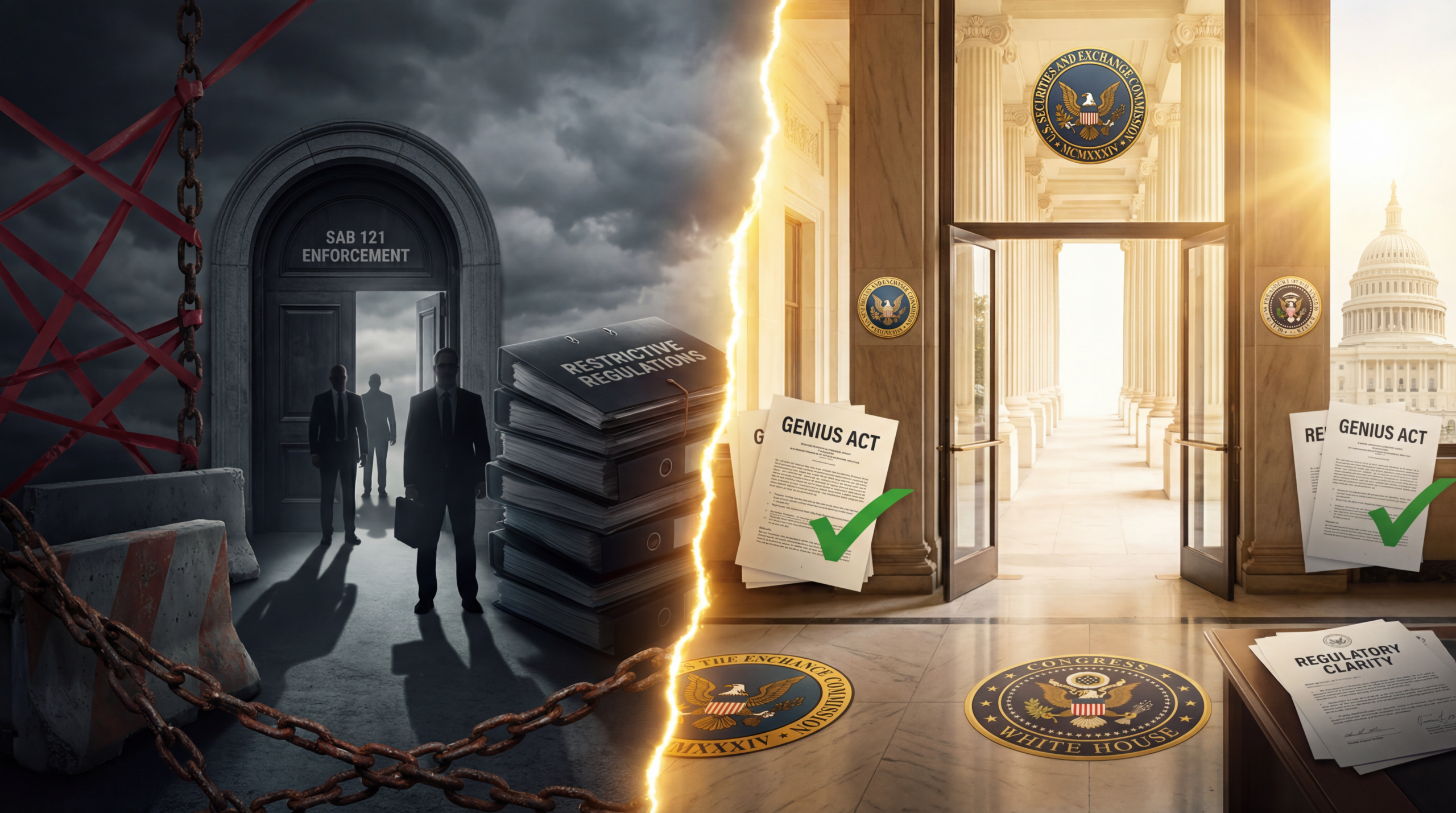 Visual representation of US cryptocurrency regulatory transformation from restrictive SAB 121 to pro-innovation framework