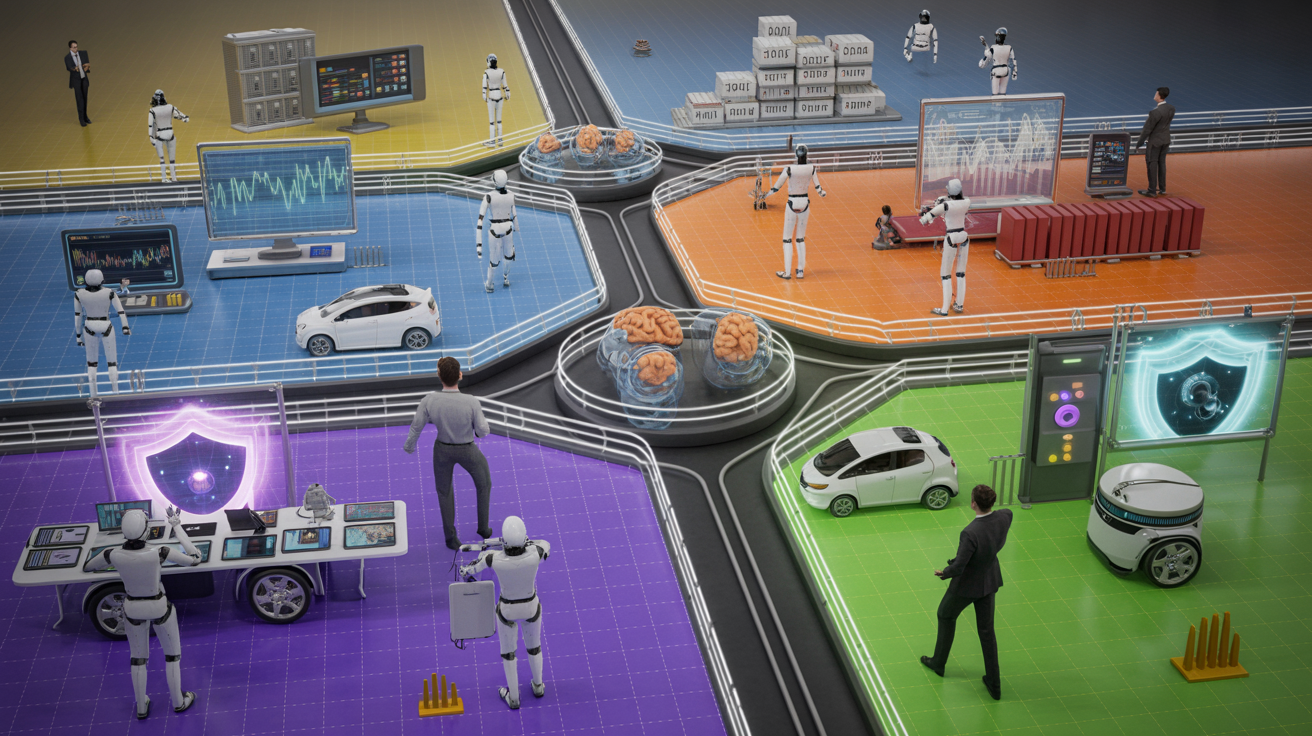 Future enterprise landscape with autonomous AI agents operating across industries under robust governance frameworks