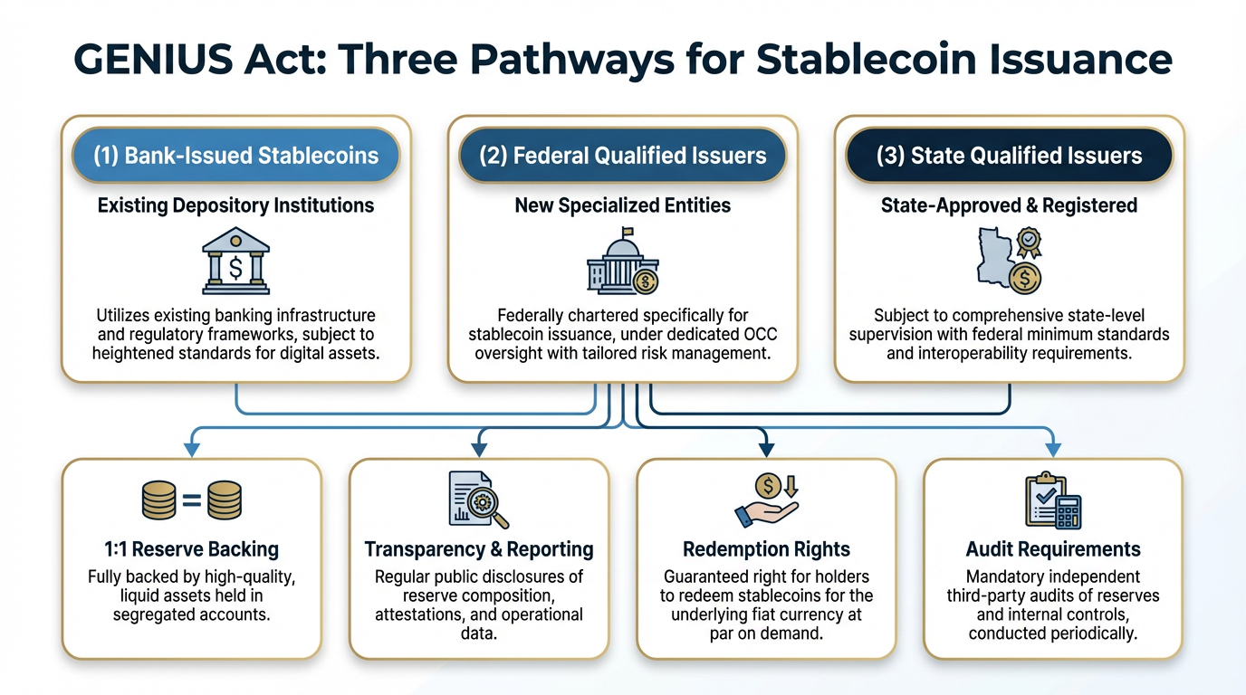 GENIUS Act regulatory framework diagram showing three pathways for stablecoin issuance including bank-issued, federal qualified issuers, and state qualified issuers with reserve requirements and compliance standards