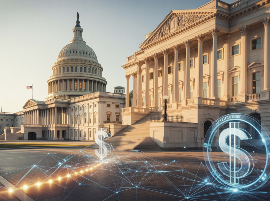 U.S. Capitol building at dawn with holographic digital dollar symbols and blockchain networks representing the GENIUS Act stablecoin regulatory framework convergence of traditional finance and digital assets