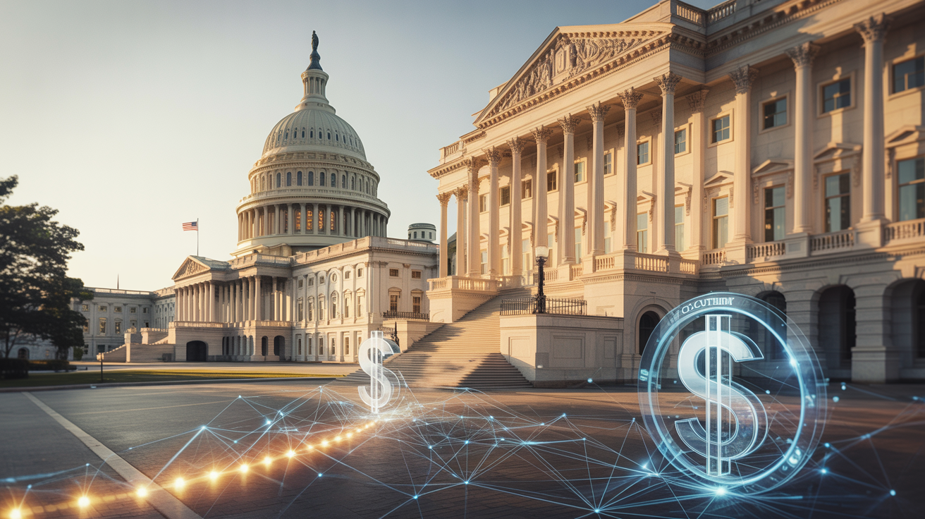 U.S. Capitol building at dawn with holographic digital dollar symbols and blockchain networks representing the GENIUS Act stablecoin regulatory framework convergence of traditional finance and digital assets