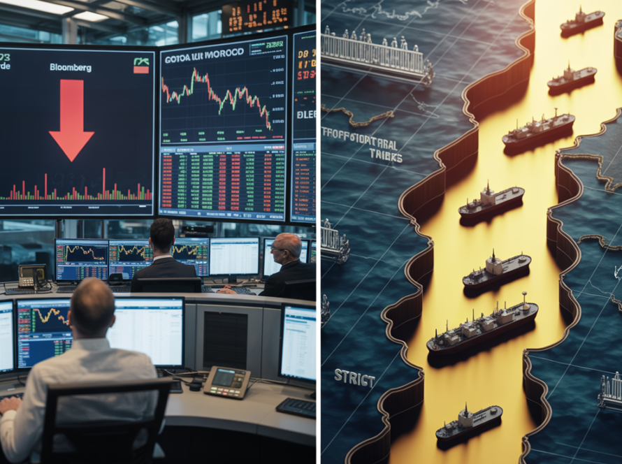 Geopolitical risk premium concept showing global financial markets and Middle East conflict impact