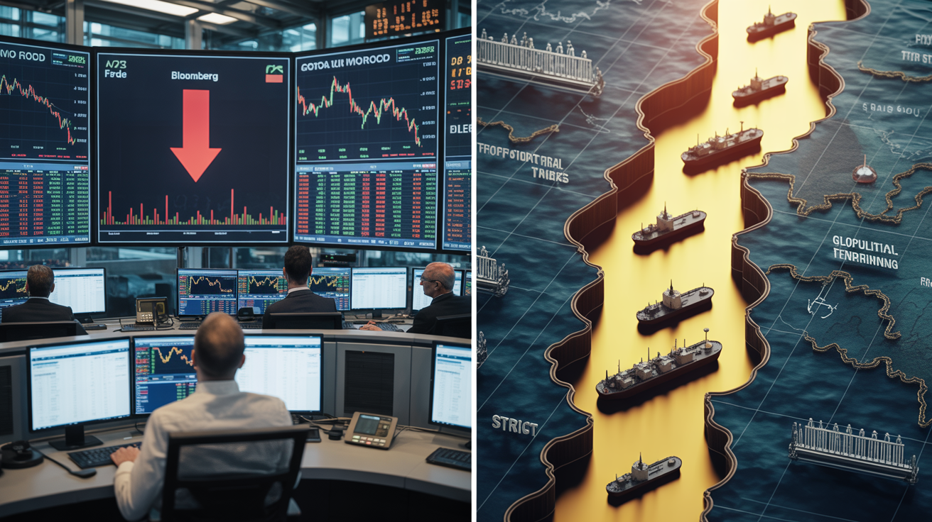 Geopolitical risk premium concept showing global financial markets and Middle East conflict impact