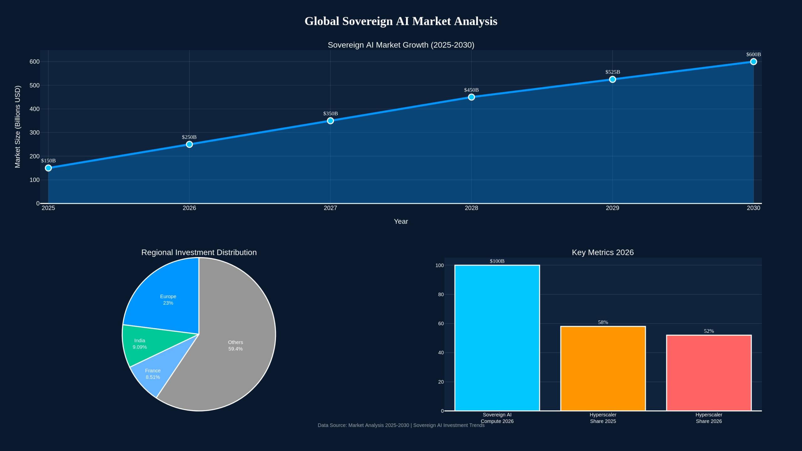 Chart showing sovereign AI market growth from $150B in 2025 to $600B by 2030