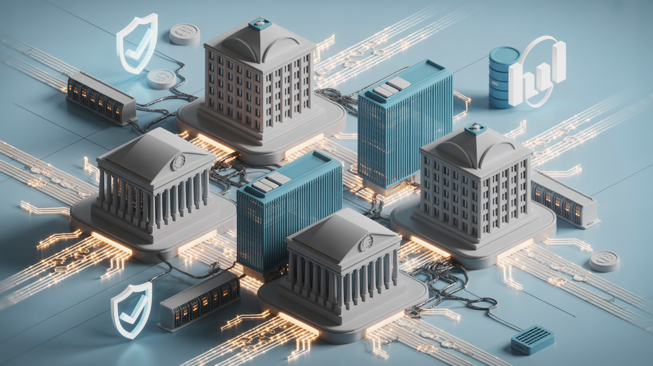 Conceptual visualization of major financial institutions and banks integrating with blockchain infrastructure, showing enterprise-grade technology adoption with trust and regulatory compliance symbols