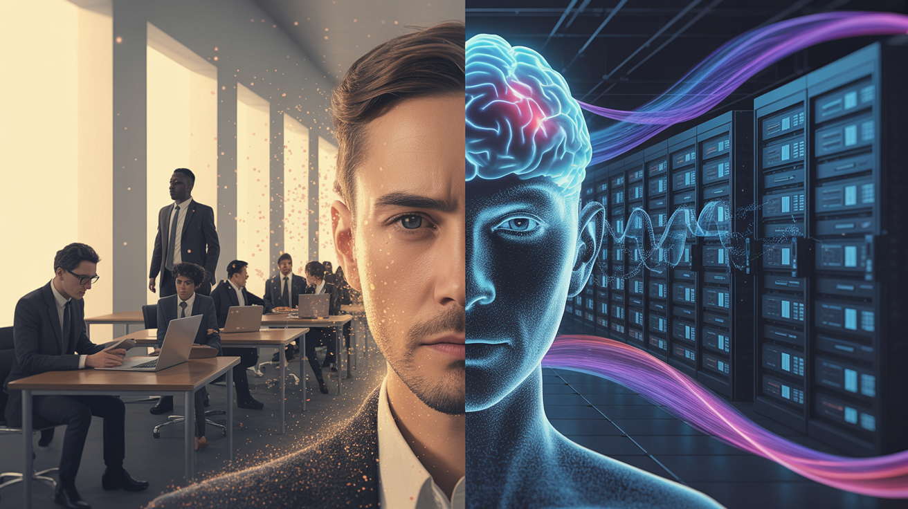 Conceptual visualization of intelligence arbitrage showing the shift from human capital to AI-powered automation